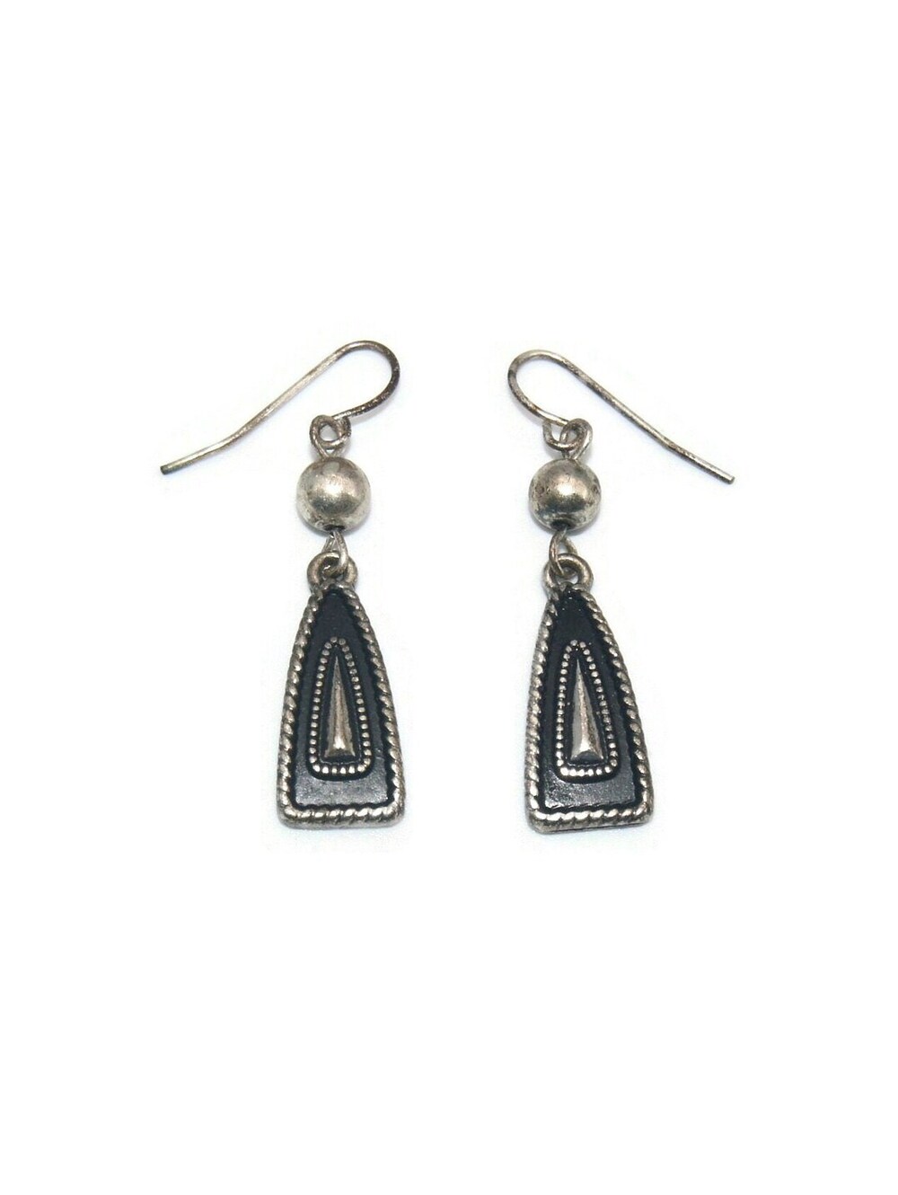 Vintage Silver Tone and Black Enamel Dangle Earrings with Hook Backs.